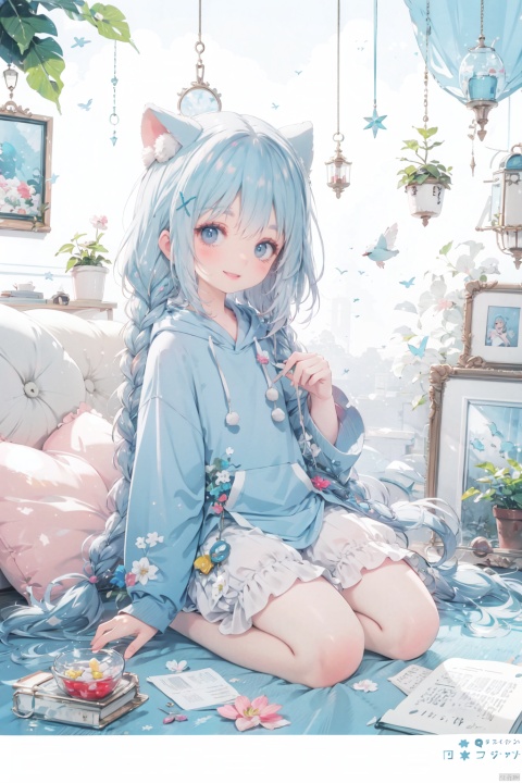  1girl, kafuu chino, solo, long hair, one eye closed, twin braids, braid, hood, hair ornament, x hair ornament, blush, pom pom \(clothes\), blue eyes, animal hood, loungewear, sitting, looking at viewer, blue hair, toeless legwear, tail, open mouth, hairclip, hoodie, seiza, ;o