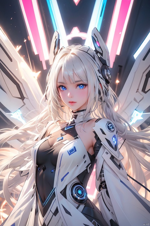  1girl, solo,blue eyes,long hair,mecha musume,dress,white hair,looking at viewer,mechanical wings,wings,energy,glowing,diffractionspikes,ejaculation,electricity,magic,tarrysky, sexy_sweater, 1 girl