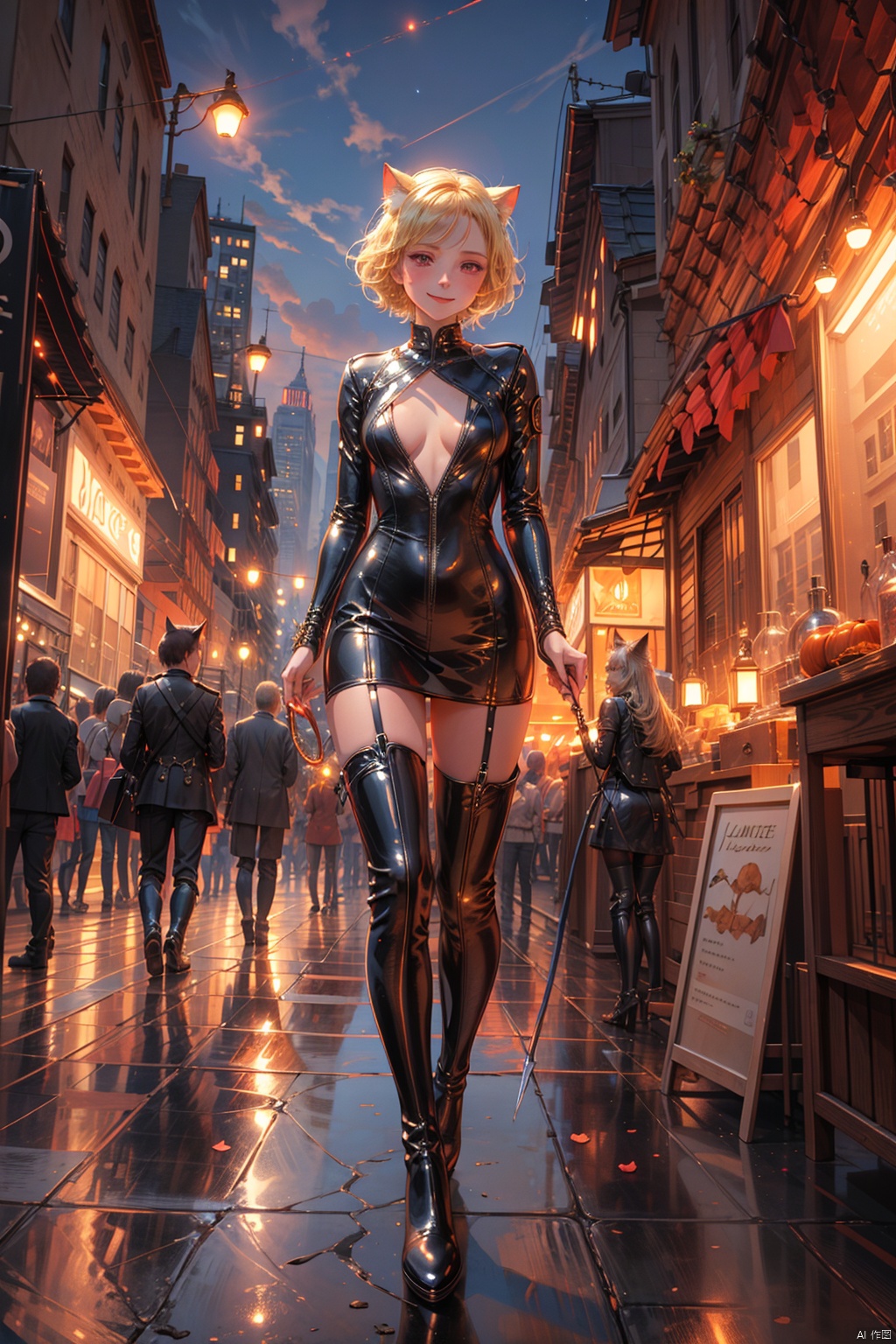  (((Masterpiece))),((Best Quality))),highres,absurdres,1gril,Catwoman,solo,full body,standing,looking at viewer,(cat ears:1.2),short hair,(blonde hair:1.3), parted bangs, hair down, blush, smirk, red eyes, small breasts,(whip:1.3),(Hand in hand with a leather whip:1.2),bodysuit,high heels, (thigh boots:1.3),belt,(black bodysuit:1.25), shiny clothes,night,night view,(outdoors,city,streets:1.2), patent leather dress,holding pumpkin,witch hat,seduce,seductive smile,
