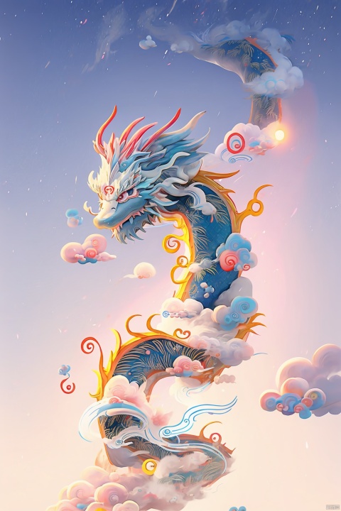 big panorama, a light blue Chinese dragon circling in the sky, solo, head down,
