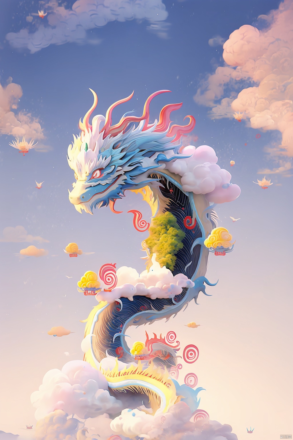 big panorama, a light blue Chinese dragon circling in the sky, solo, head down,

