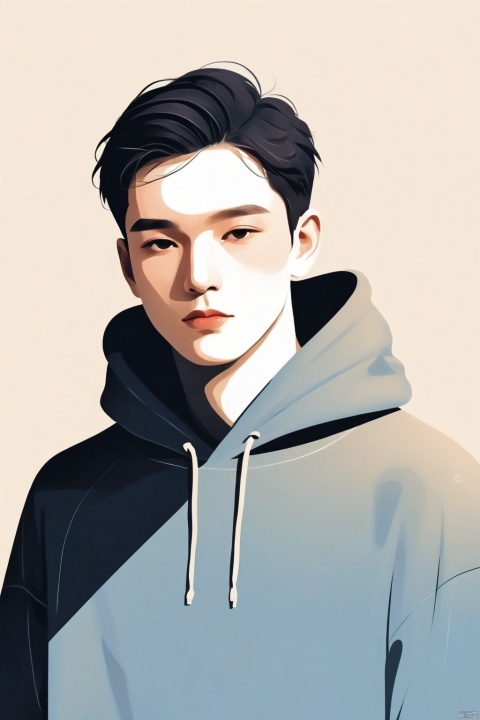  A handsome man with a simple hoodie, illustration, minimalism, dreamlike picture, subtle gradation, calm harmony, elegant use of negative space, graphic design inspired illustration