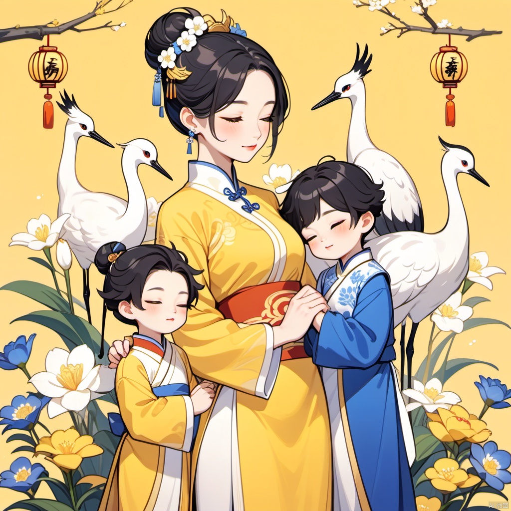 New Chinese, three girls, mother and son, closed eyes, black hair, bun, flower, cat, hair decoration, standing, blush, long sleeve, yellow background, crane (animal), bun, blue flowers, bangs, white flowers, symmetrical composition, masterpiece, best quality, very aesthetic, absurd,