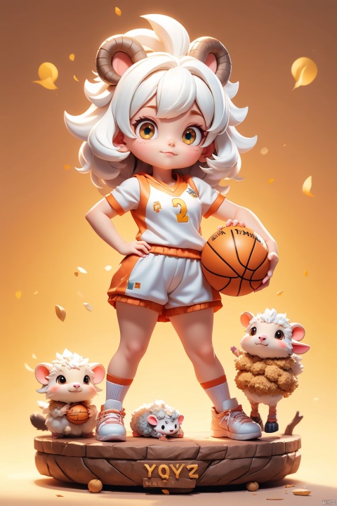  1 girl, (3 years :1.9), solo, (Q version :1.6), IP, determined expression, sheep horns, animal features, blush, basketball uniform, simple white background, white hair, hedgehog head, hands on hips