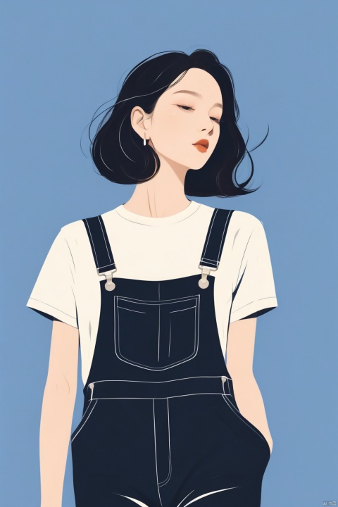 A beautiful woman with a simple overalls, illustration, minimalism, dreamlike picture, subtle gradients, calm harmony, elegant use of negative space, graphic design inspired illustration