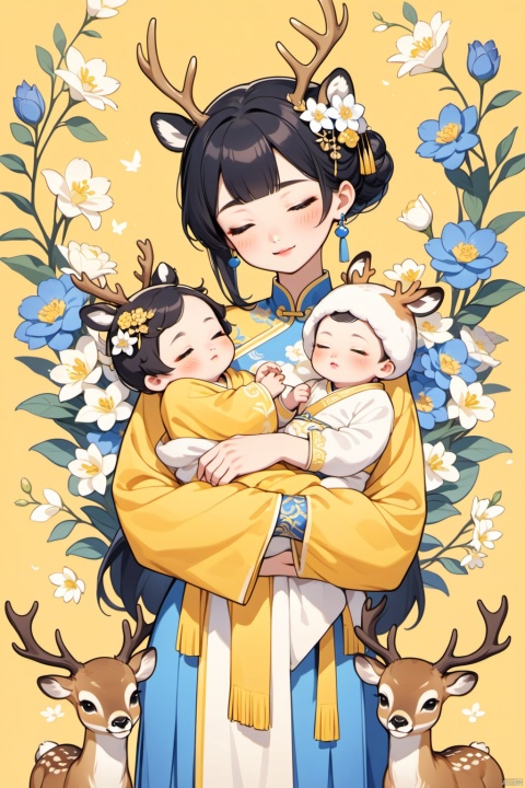 New Chinese, three people, mother holding baby, closed eyes, black hair, bun, flowers, animals, hair ornaments, standing, blush, long sleeves, yellow background, deer (animal), bun, blue flowers, bangs, white flowers, symmetrical composition, masterpiece, best quality, very aesthetic, absurd,
