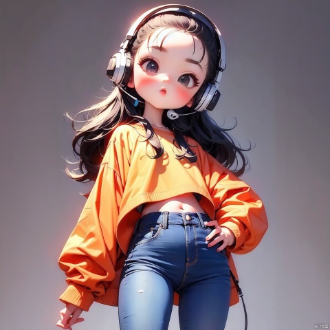(Masterpiece), (best quality), Q Edition, 2.5 head body, Girl, headset, solo, Long hair, Orange coat, Jeans, Simple background,