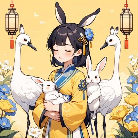 New Chinese, three girls, mother and son, closed eyes, black hair, bun, flower, rabbit, hair decoration, standing, blush, long sleeve, yellow background, crane (animal), bun, blue flowers, bangs, white flowers, symmetrical composition, masterpiece, best quality, very aesthetic, absurd,