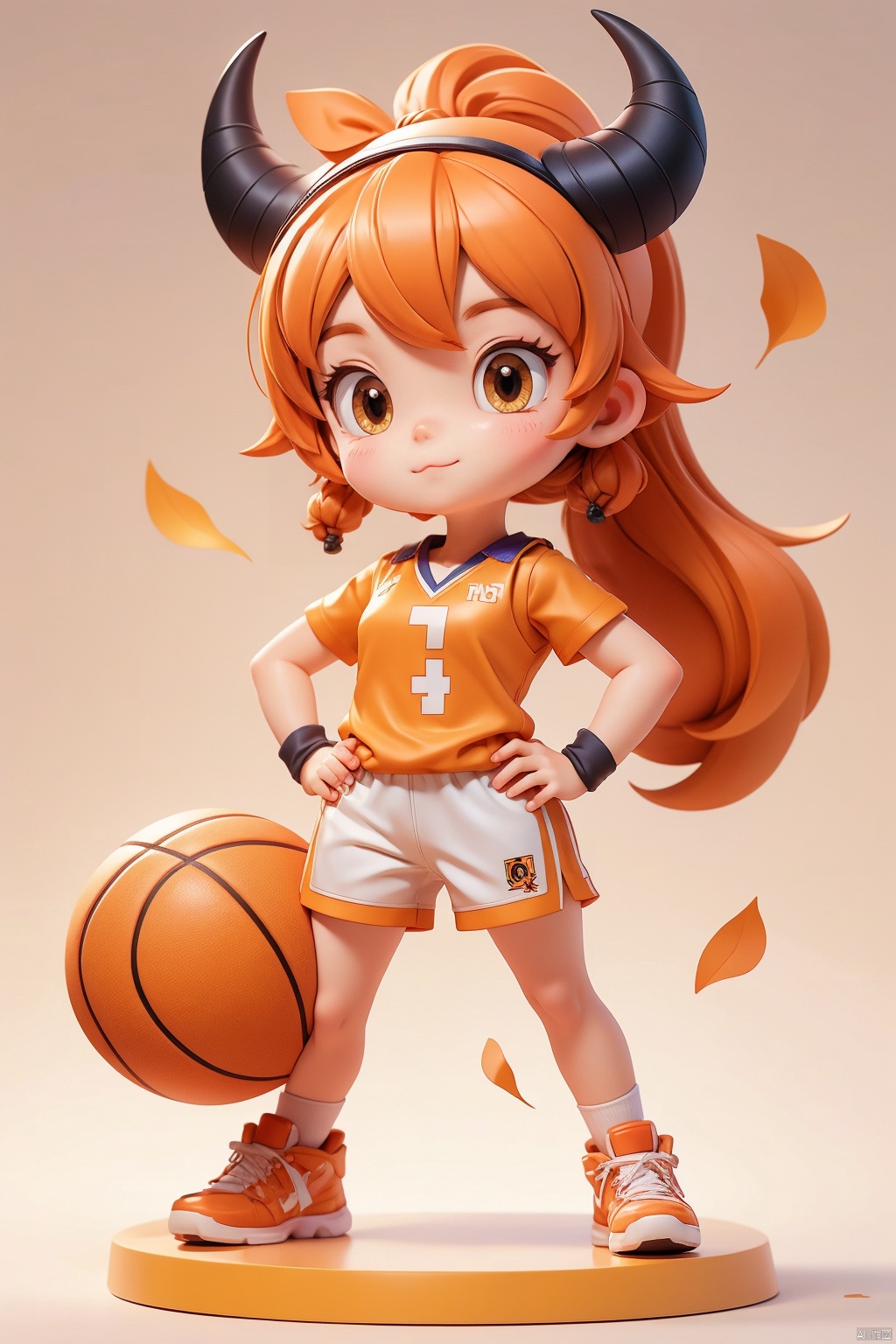 1 girl, 3 years old, solo, (Q version :1.6), IP, determined expression, horns, blush, basketball uniform, simple white background, orange hair, side ponytail, hands on hips