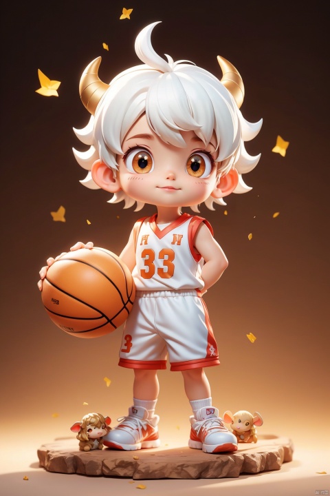 1 Little boy, (3 years :1.9), super short buzz cut, solo, (Q version :1.6), IP, determined expression, goat horns, animal features, blush, basketball uniform, simple white background, white hair, go