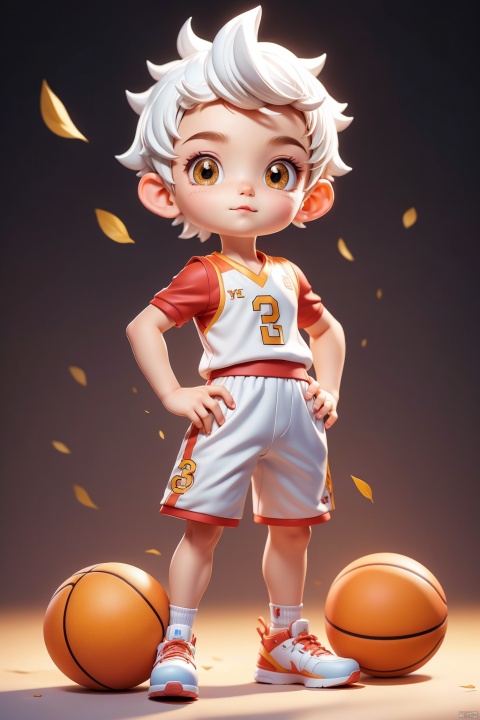 1 Little boy, (3 years :1.9), (Buzz cut :1.0), solo, (Q version :1.6), IP, hands on hips, arrogant, blush, basketball uniform, simple white background, white hair,