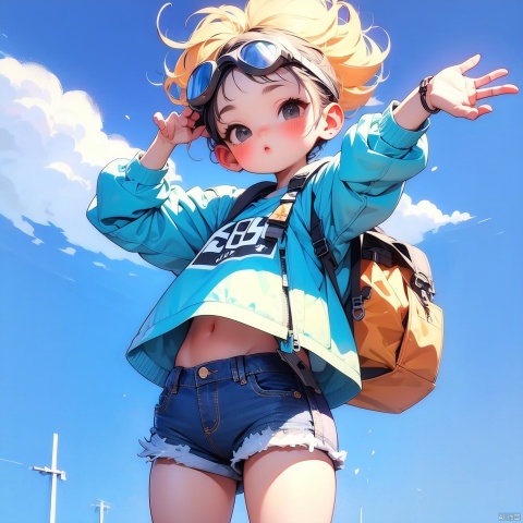 (Masterpiece), (best quality), Q Edition, 2.5 head body, Girl, Goggles, solo, Color hair, sky blue Clear Jacket, Denim Shorts, Simple background,