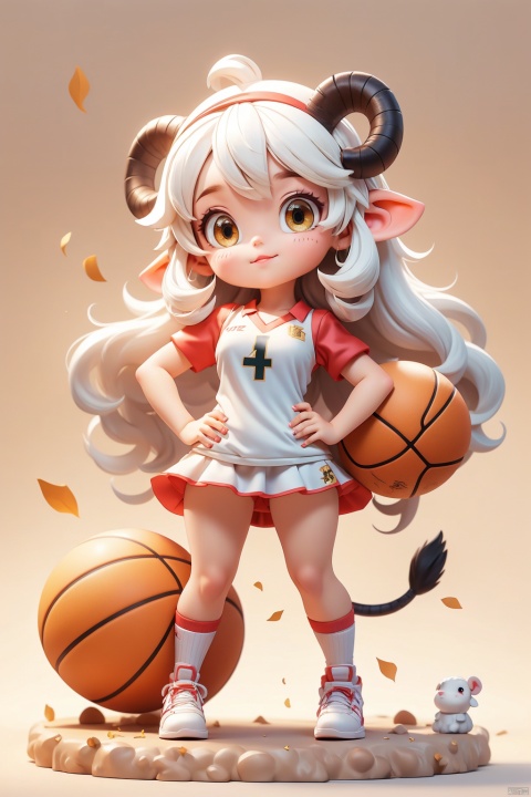 1 girl, (3 years :1.9), solo, (Q version :1.6), IP, determined expression, sheep horns, animal features, blush, basketball uniform, simple white background, white hair, sheep hair, hands on hips