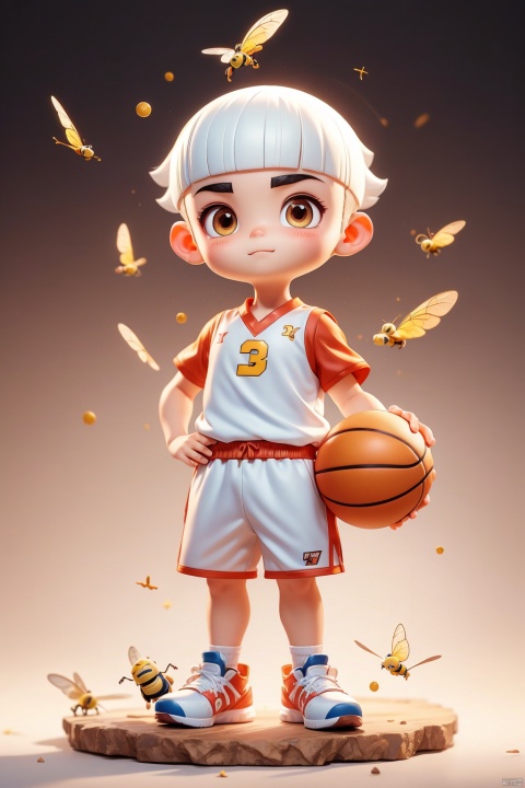 1 Little boy, (3 years :1.9), (Buzz cut :1.4), solo, (Q version :1.6), IP, Fly, firm expression, blush, basketball uniform, simple white background, white hair,