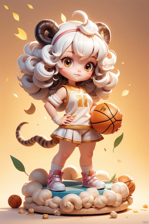 1 girl, (3 years :1.9), solo, (Q version :1.6), IP, determined expression, sheep horns, animal features, blush, basketball uniform, simple white background, white hair, (small sheep curly coat :1.0), hands on hips