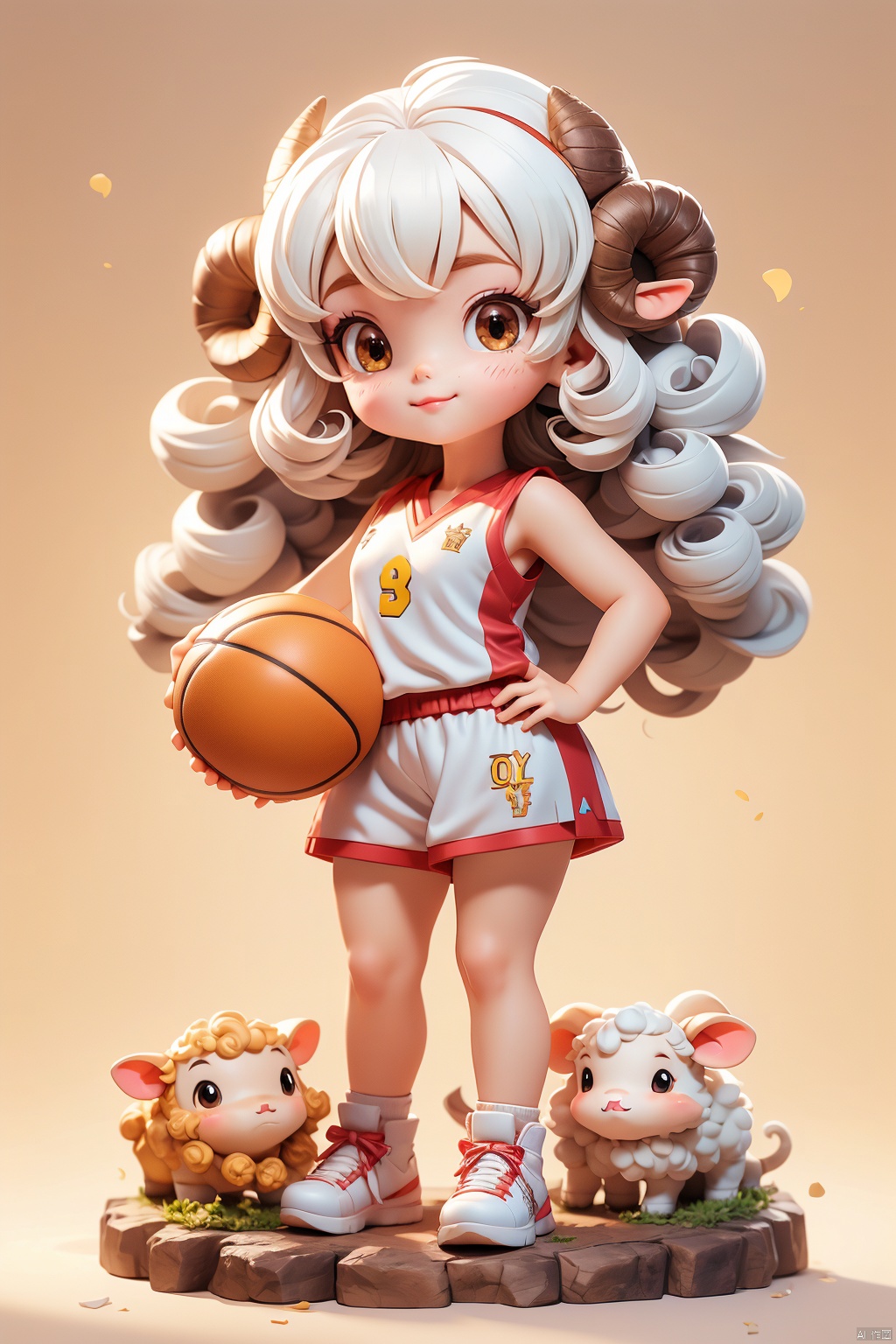 1 Little girl, (3 years :1.9), solo, (Q version :1.6), IP, determined expression, sheep horns, animal features, blush, basketball uniform, simple white background, white hair, spherical curls, hands on hips