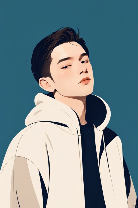  A handsome man with a simple hoodie, illustration, minimalism, dreamlike picture, subtle gradation, calm harmony, elegant use of negative space, graphic design inspired illustration