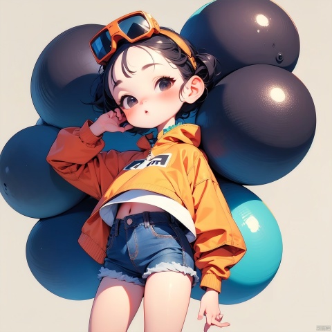  (Masterpiece), (best quality), Q Edition, 2.5 head body, Girl, Goggles, solo, colored hair, orange Clear Jacket, Denim Shorts, Simple background,