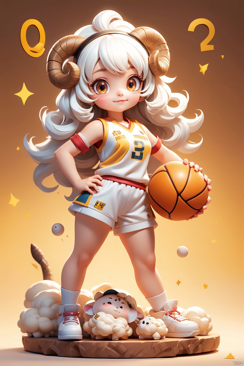 1 girl, white hair, sheep hair, (3 years :1.9), solo, (Q version :1.6), IP, determined expression, sheep horns, animal features, basketball uniform, blush, simple white background, hands on hips