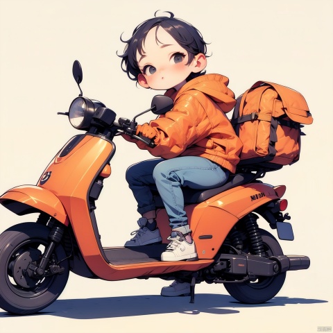 (Masterpiece), (best quality), Q Edition, 2.5 Head body, Girl, Scooter, solo, colored hair, orange Clear Jacket, Jeans, Simple background,