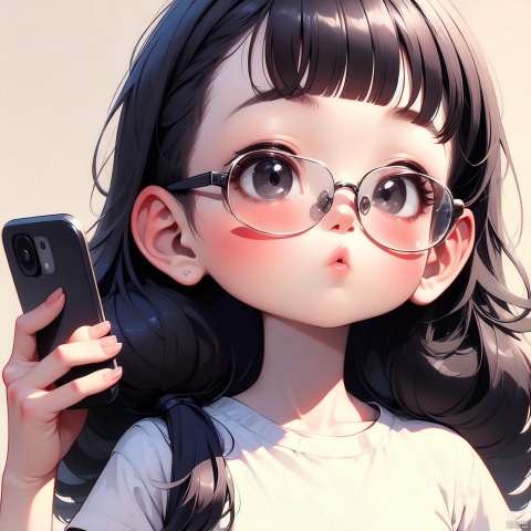 (Masterpiece), (Best quality), Q Edition, 2.5 Head Body, Girl, Solo, Shy, Straight bangs, Long hair, shirt, Glasses, Phone, Simple background,