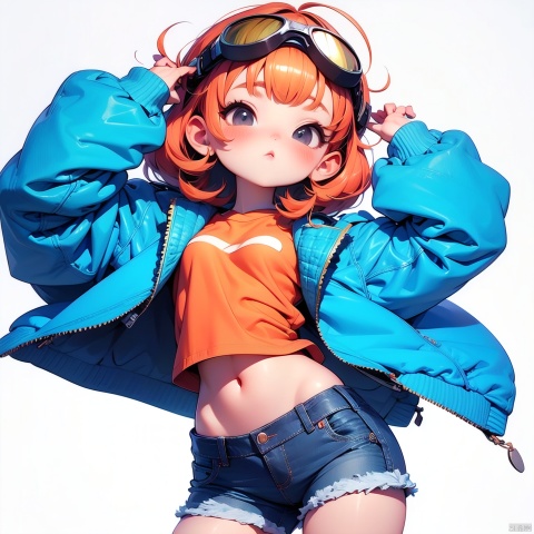  (Masterpiece), (best quality), Q Edition, 2.5 head body, Girl, Goggles, solo, colored hair, orange Clear Jacket, Denim Shorts, Simple background,