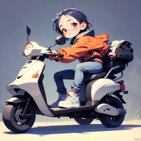  (Masterpiece), (best quality), Q Edition, 2.5 Head body, Girl, Scooter, solo, colored hair, orange Clear Jacket, Jeans, Simple background,
