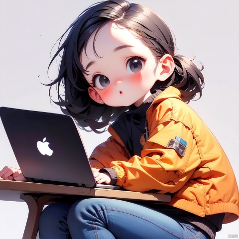 (Masterpiece), (best quality), Q Edition, 2.5 Head body, Girl, Laptop, solo, Highlights, orange Clear Jacket, Jeans, Simple background,