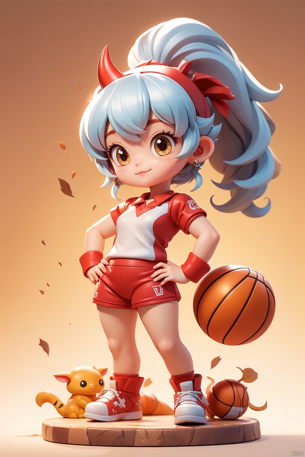 1 girl, 3 years old, solo, (Q version :1.6), IP, determined expression, horns, animal features, blush, red basketball uniform, athletic figure, simple white background, silver hair, side ponytail, hands on hips