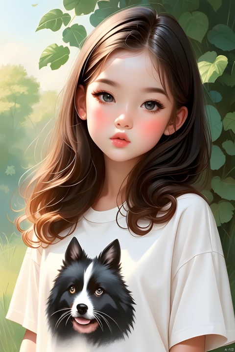 Good-looking girl, Q Edition, Hand painted illustration, solo, medium long hair, shirt, brown hair,