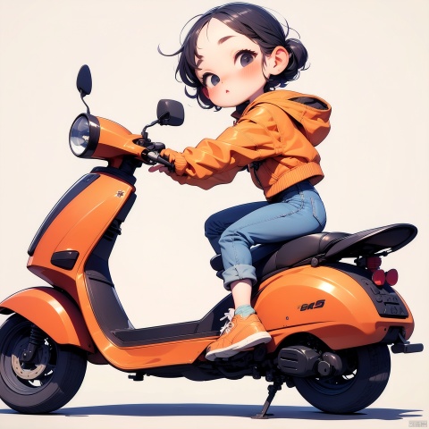  (Masterpiece), (best quality), Q Edition, 2.5 Head body, Girl, Scooter, solo, colored hair, orange Clear Jacket, Jeans, Simple background,