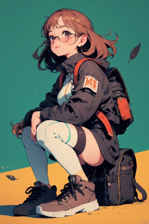 (Masterpiece), (best quality), 1 girl, Motorcyclist, Q version figure, Happy \(arknights\), solo, red hair, knee pads, brown hair, simple background, feather hair, glasses, shoes, long sleeves, jacket, backpack