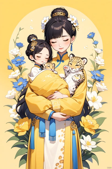 New Chinese, three people, mother holding baby, closed eyes, black hair, bun, flowers, animals, hair ornaments, standing, blush, long sleeves, yellow background, leopard (animal), bun, blue flowers, bangs, white flowers, symmetrical composition, masterpiece, best quality, very aesthetic, absurd,