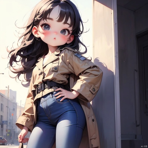 (Masterpiece), (best quality), Q Edition, 2.5 head body, Girl, Detective, Long black trench coat, Jeans, solo, Long hair, Simple background,