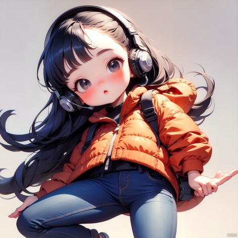  (Masterpiece), (best quality), Q Edition, 2.5 head body, Girl, headset, solo, Long hair, Orange coat, Jeans, Simple background,