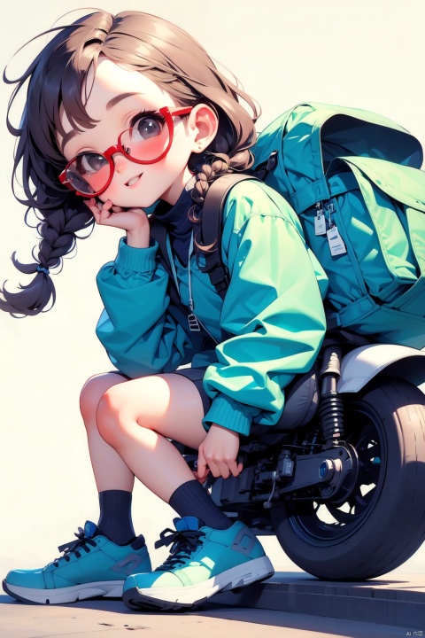  (Masterpiece), (best quality), 1 girl, Motorcyclist, Q version figure, Happy \(arknights\), solo, red hair, knee pads, brown hair, simple background, feathered hair, double braids, glasses, shoes, long sleeves, jacket, backpack