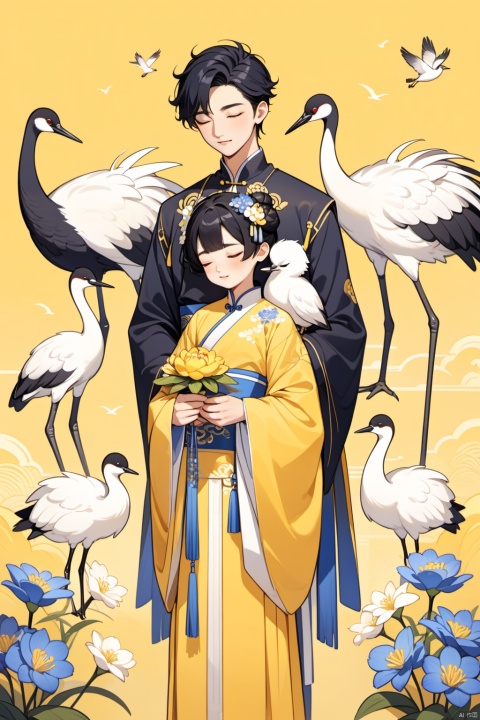 New Chinese, one female and two male, mother and son, closed eyes, black hair, bun, flower, bird, hair decoration, standing, blush, long sleeve, yellow background, crane (animal), bun, blue flowers, bangs, white flowers, symmetrical composition, masterpiece, best quality, very aesthetic, absurd,