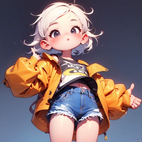 (Masterpiece), (best quality), Q Edition, 2.5 head body, Girl, thumbs up, solo, Colored hair, orange Clear Jacket, Denim Shorts, Simple background,