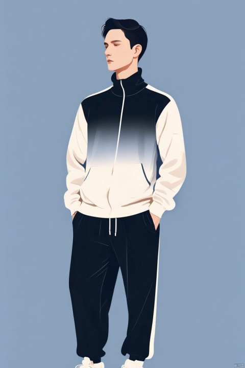A handsome man with a simple tracksuit, illustration, minimalism, dreamlike picture, subtle gradation, calm harmony, elegant use of negative space, graphic design inspired illustration