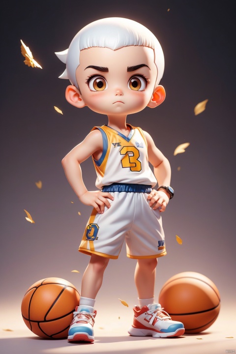 1 Little boy, (3 years :1.9), (Buzz cut :1.3), solo, (Q version :1.6), IP, hands on hips, determined expression, blush, basketball uniform, simple white background, white hair,
