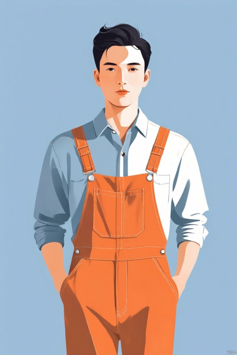  A handsome man with a simple overalls, illustration, minimalism, dreamlike picture, subtle gradation, calm harmony, elegant use of negative space, graphic design inspired illustration