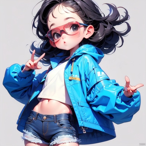 (Masterpiece), (best quality), Q Edition, 2.5 head body, Girl, Goggles, solo, Color hair, sky blue Clear Jacket, Denim Shorts, Simple background,
