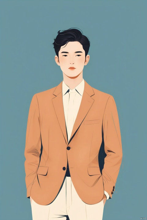  A handsome man with a simple workplace uniform, illustration, minimalism, dreamlike picture, subtle gradation, calm harmony, elegant use of negative space, graphic design inspired illustration