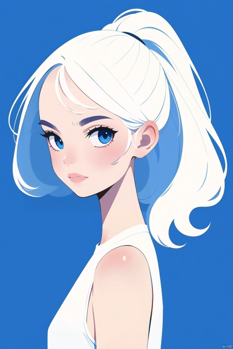 (Masterpiece :1.2), best quality, higher, very detailed CG, perfect lighting, 8k wallpaper, minimalist pure white background, a pouting girl, high ponytail, tank top, blue background