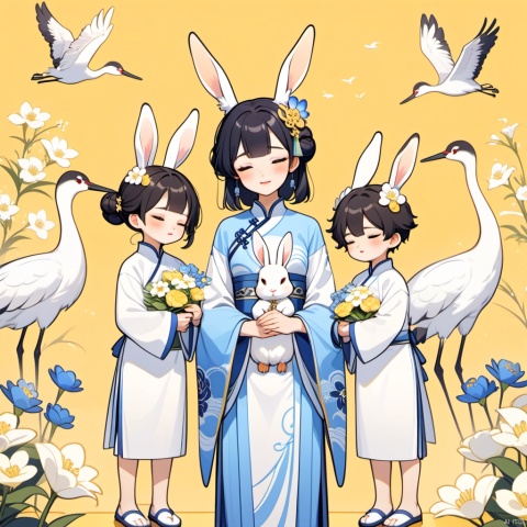 New Chinese, three girls, mother and son, closed eyes, black hair, bun, flower, rabbit, hair decoration, standing, blush, long sleeve, yellow background, crane (animal), bun, blue flowers, bangs, white flowers, symmetrical composition, masterpiece, best quality, very aesthetic, absurd,