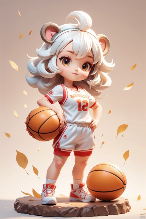 1 girl, (3 years :1.9), solo, (Q version :1.6), IP, determined expression, sheep horns, animal features, blush, basketball uniform, simple white background, white hair, hedgehog head, hands on hips