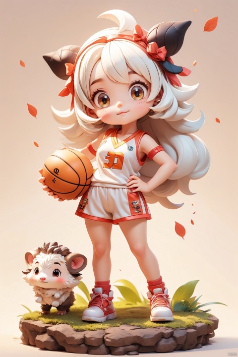 1 girl, (3 years :1.9), solo, (Q version :1.6), IP, determined expression, sheep horns, animal features, blush, basketball uniform, simple white background, short white hair, hedgehog head, hands on hips
