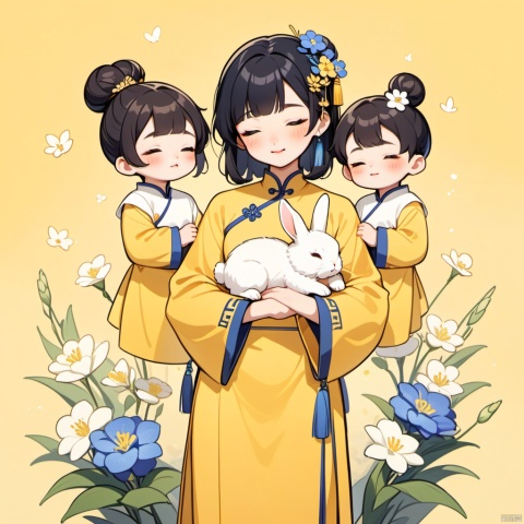 New Chinese, three girls, mother and son, closed eyes, black hair, bun, flower, rabbit, hair decoration, standing, blush, long sleeve, yellow background, rabbit (animal), bun, blue flowers, bangs, white flowers, symmetrical composition, masterpiece, best quality, very aesthetic, absurd,