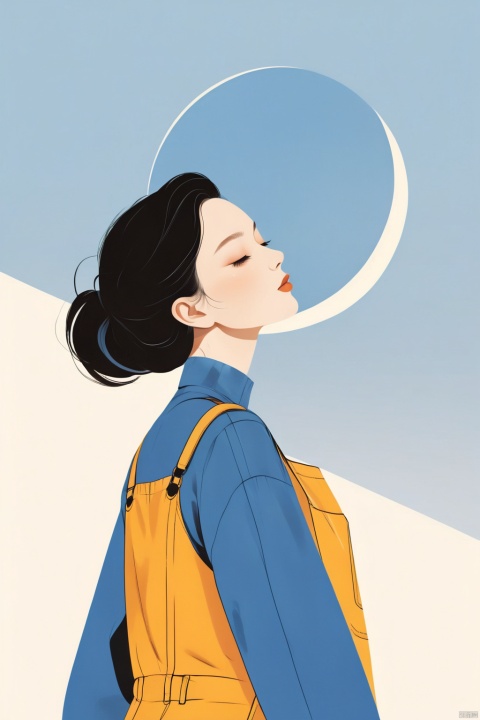  A beautiful woman with a simple overalls, illustration, minimalism, dreamlike picture, subtle gradients, calm harmony, elegant use of negative space, graphic design inspired illustration