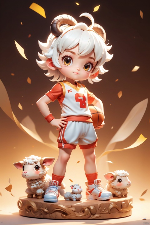 1 Little boy, (3 years :1.9), super short hair, solo, (Q version :1.6), IP, determined expression, sheep horns, animal features, blush, basketball uniform, simple white background, white hair, hands on hips